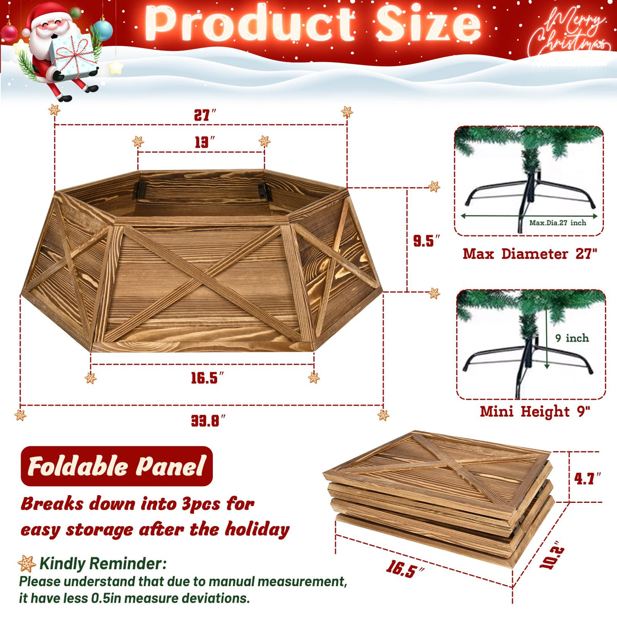 AtawLege Wooden Tree Collar, 27 Inch Hexagon Base Cover, Vintage Natural Wood