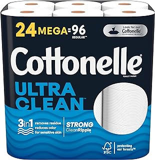 Cottonelle Ultra Clean Mega Bathroom Tissue, White, 312 Sheets Per Roll, Pack Of 24 Rolls