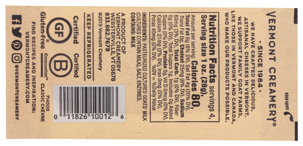 Chèvre, Log, 4 oz by Vermont Creamery – 4 Ounce (Pack of 1), artisan-chevre-cheeses, Model 00118261001200
