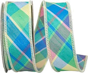 Reliant Ribbon Pastel Plaid Deluxe Diagonal Wired Edge Ribbon, Celadon