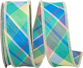Reliant Ribbon Pastel Plaid Deluxe Diagonal Wired Edge Ribbon, Celadon