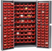 Global Industrial Deep Door Bin Cabinet, Includes 156 Red Plastic Bins