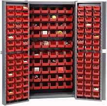 Global Industrial Deep Door Bin Cabinet, Includes 156 Red Plastic Bins
