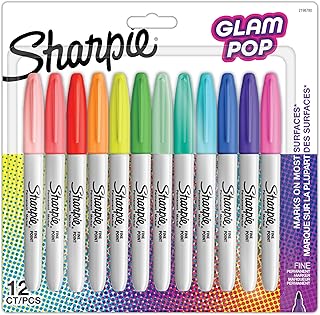Sharpie Glam Pop Permanent Markers | Fine Point for Bold Details | Assorted Vibrant Colours | 12 Marker Pens