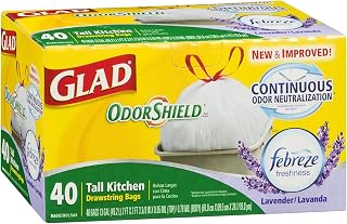 Glad OdorShield Tall Kitchen Drawstring Trash Bags - Febreze Mediterranean Lavender, 13 Gallon, 6 Packages of 40