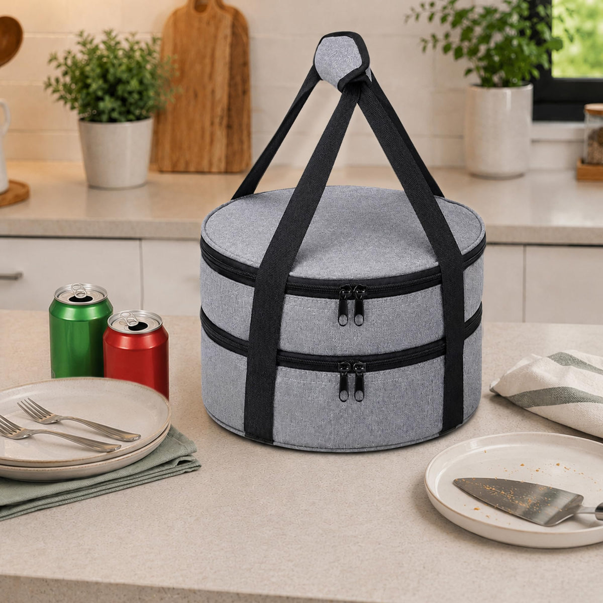 Chef Pomodoro Insulated Pie Carrier Bag, Holds Two 9-Inch Dishes, Gray