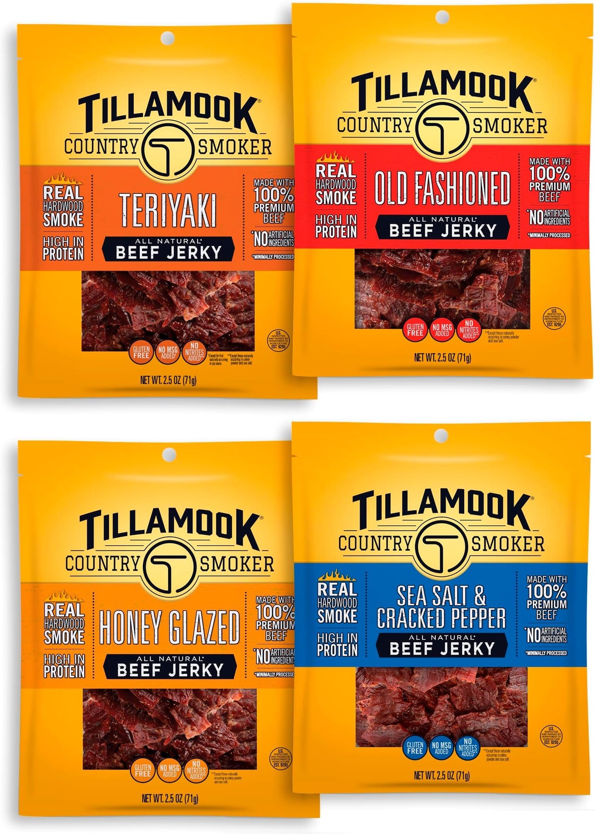 TILLAMOOK COUNTRY SMOKER Variety Pack / 2.5 Ounce (Pack of 48) / 4 Pack (Old Fashioned, Teriyaki, Sea Salt & Pepper, Honey Gl Jerky