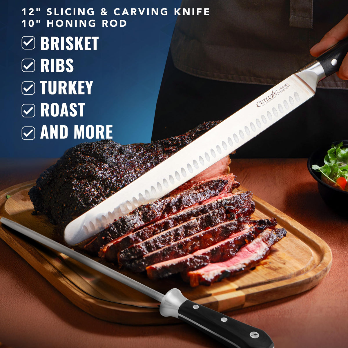 Cutluxe Carving Knife Set, 12 Inch Brisket Slicer With 10 Inch Honing Rod, Brown
