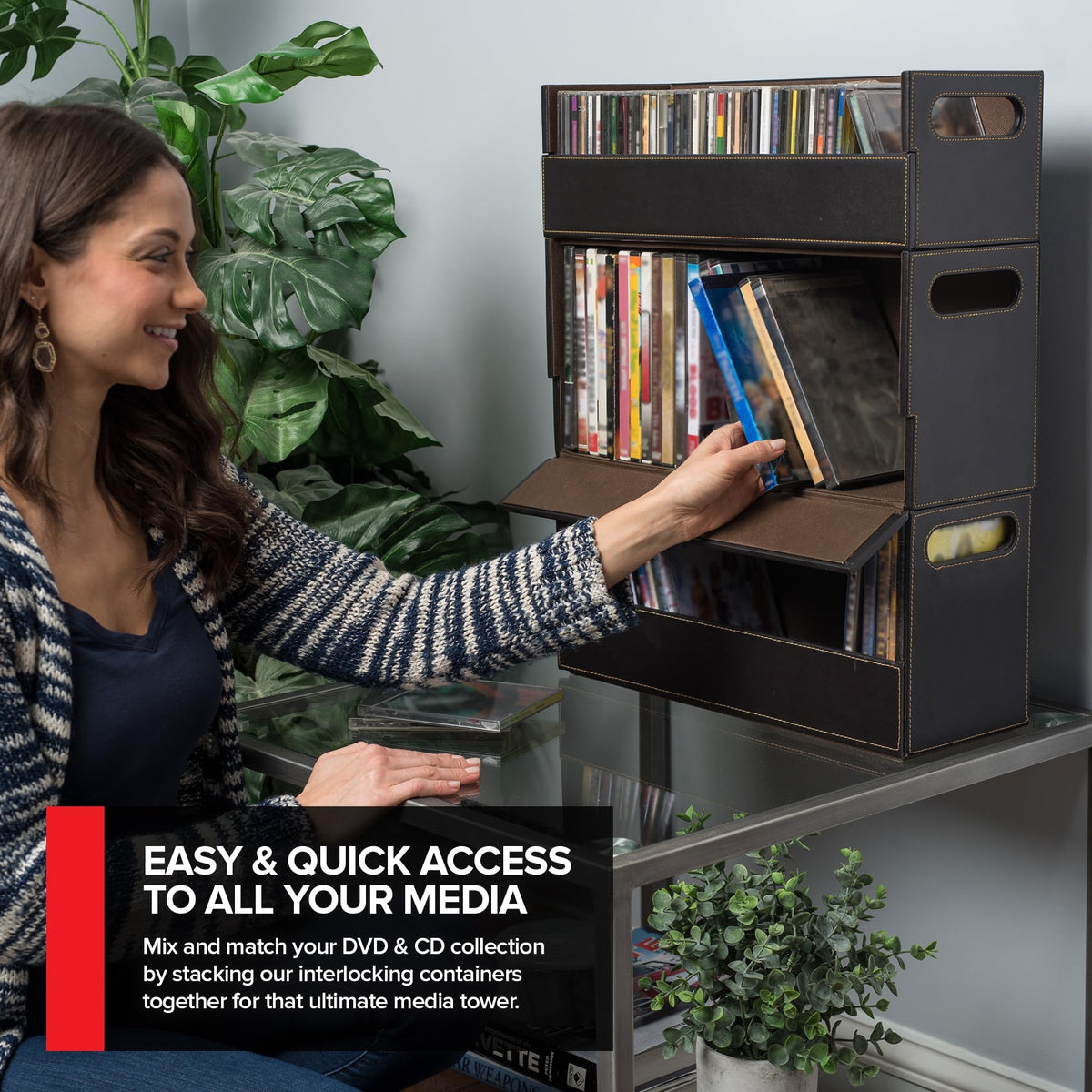 Faux Leather DVD & CD Storage Box - Movie Shelf Organizer for Blu-Ray by Stock Your Home – 17.75 inches (L) x 6.75 inches (H) x 8 inches (D), Faux Leather, Felt, Gray/Espresso