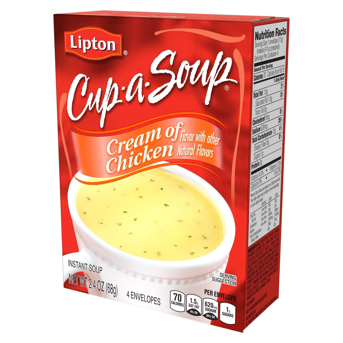 Lipton Cup-a-Soup Instant Soup For a Warm Cup of Soup Cream of Chicken Only 70 Calories Per Serving by SOUP SECRETS – 2.4 Ounce (Pack of 12), Cream of Chicken, Model 01481