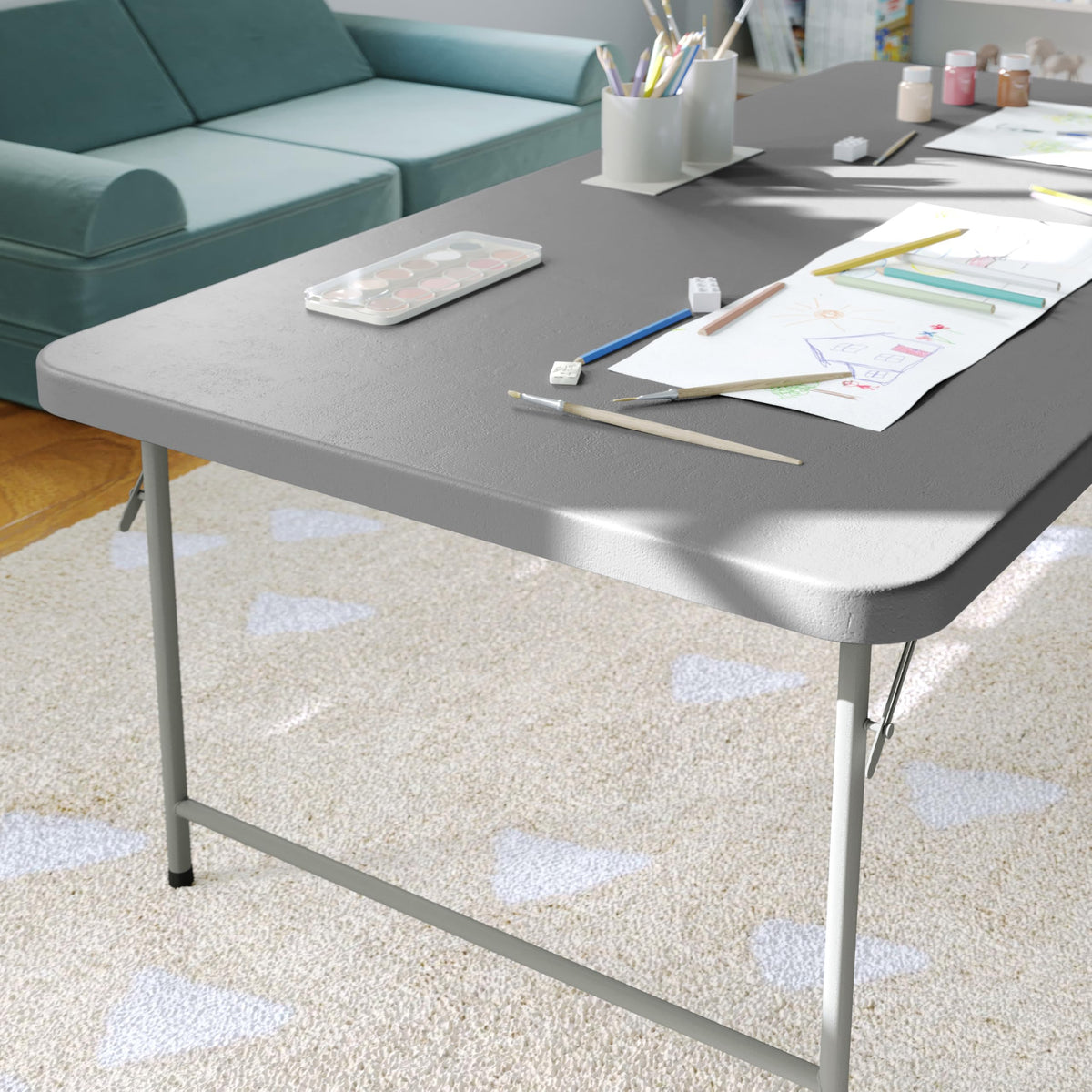 Kids 4.93 ft Plastic Folding Table by Flash Furniture – 30"W x 60"L x 19"H, Plastic, Plastic: Polyethylene, Metal, Granite Gray, Model RB-3060-KID-GY-GG