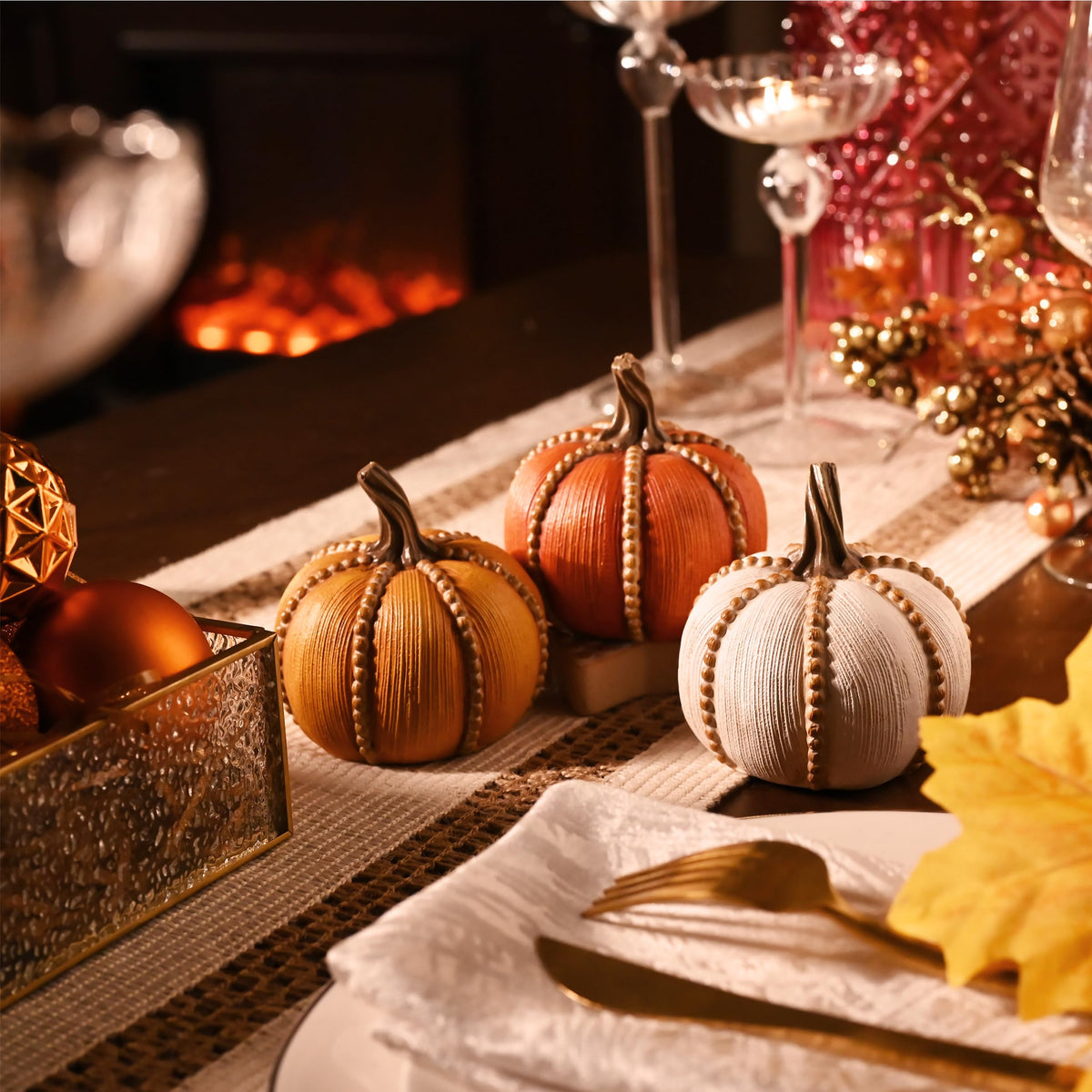 Valery Madelyn Resin Pumpkin Set, 3.5 Inch, White Brown