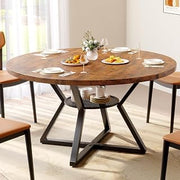 Concho 55 Inch Round Dining Table for 4-6, Rustic Brown | Kitchen Table with Pedestal Metal Frame, Under-table Storage, Mesa de comedor with 1.18-inch Thick Solid Desktop