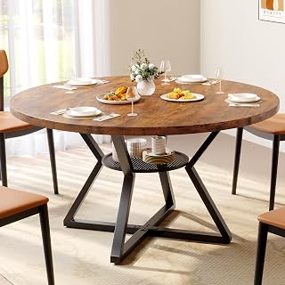 Concho 55 Inch Round Dining Table for 4-6, Rustic Brown | Kitchen Table with Pedestal Metal Frame, Under-table Storage, Mesa de comedor with 1.18-inch Thick Solid Desktop