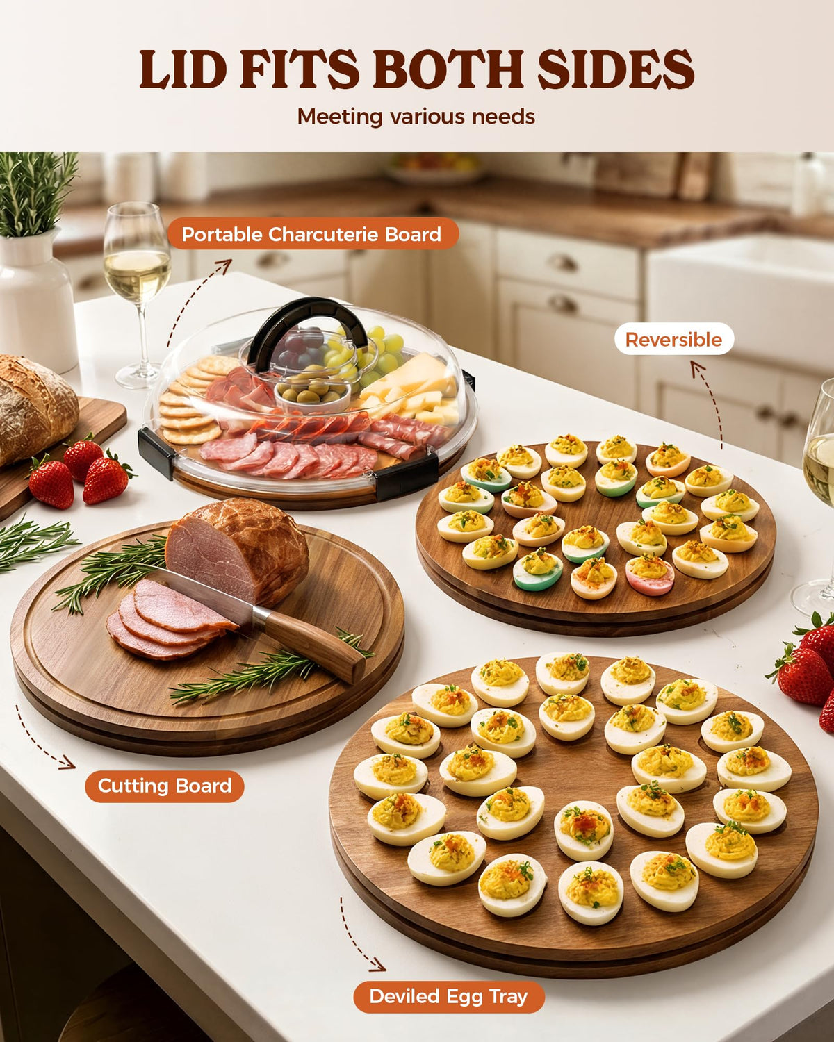 Sevenblue Deviled Egg Tray with Lid, Acacia Wood, Reversible Charcuterie Board, Black
