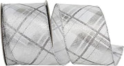 Reliant Ribbon Plaid Twill Printed Metallic Wired Edge, White/Silver, 2-1/2 Inch, 10 Yards