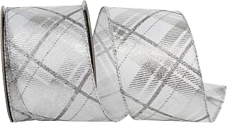 Reliant Ribbon Plaid Twill Printed Metallic Wired Edge, White/Silver, 2-1/2 Inch, 10 Yards