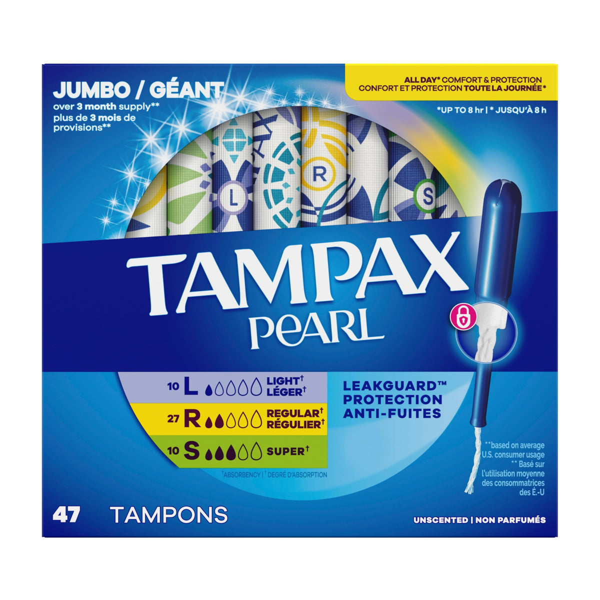 Pearl Tampons for Women Multipack by Tampax – Light/Regular/Super, Plastic, 47 Count, Model 7301000923
