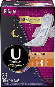 U by Kotex AllNighter Ultra Thin Overnight Pads with Wings, Unscented, 28 Count