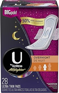 U by Kotex AllNighter Ultra Thin Overnight Pads with Wings, Unscented, 28 Count