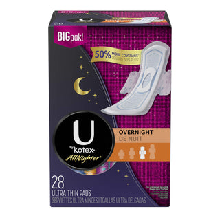 AllNighter Ultra Thin Overnight Pads with Wings by U by Kotex – 28 Count (Pack of 1), Cotton, Model 062920
