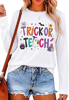 Halloween Teacher Shirts for Women Trick Or Teach T Shirts Casual Ghost Fall Long Sleeve Tee Tops