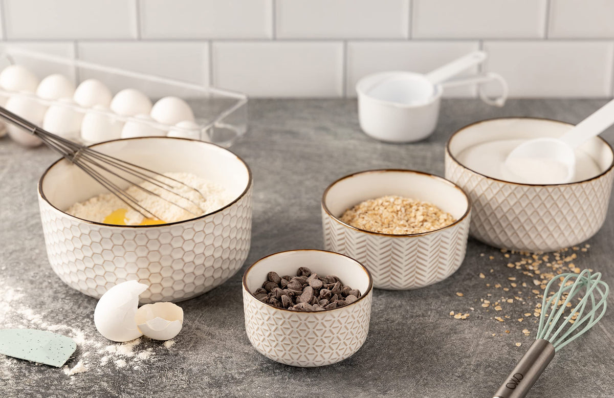 KooK Stoneware Nesting Bowls with Lids, Embossed Ceramic, Set of 4, Ivory