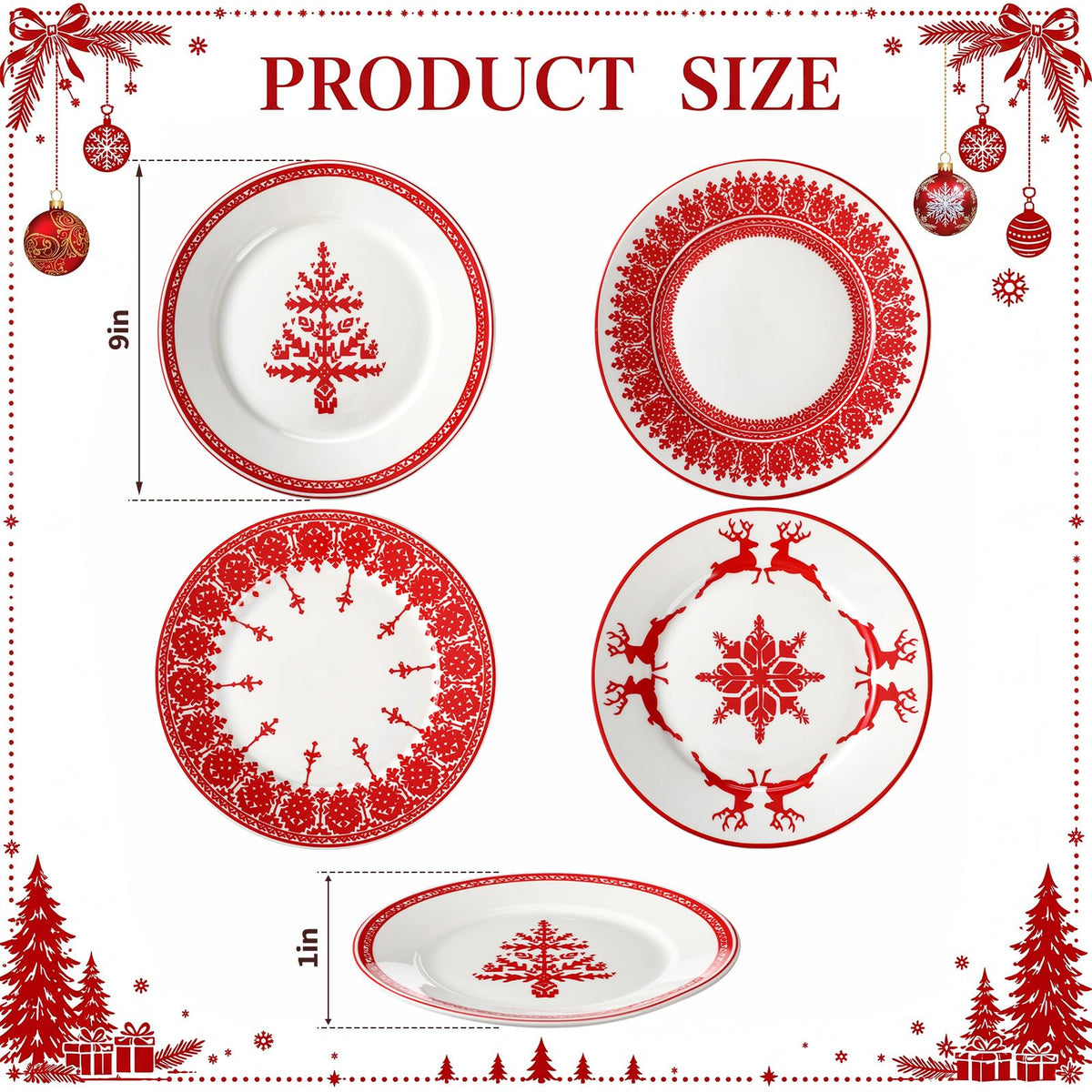 Rtteri Ceramic Salad Plates, 9 Inch, Red Nordic Christmas Set of 4