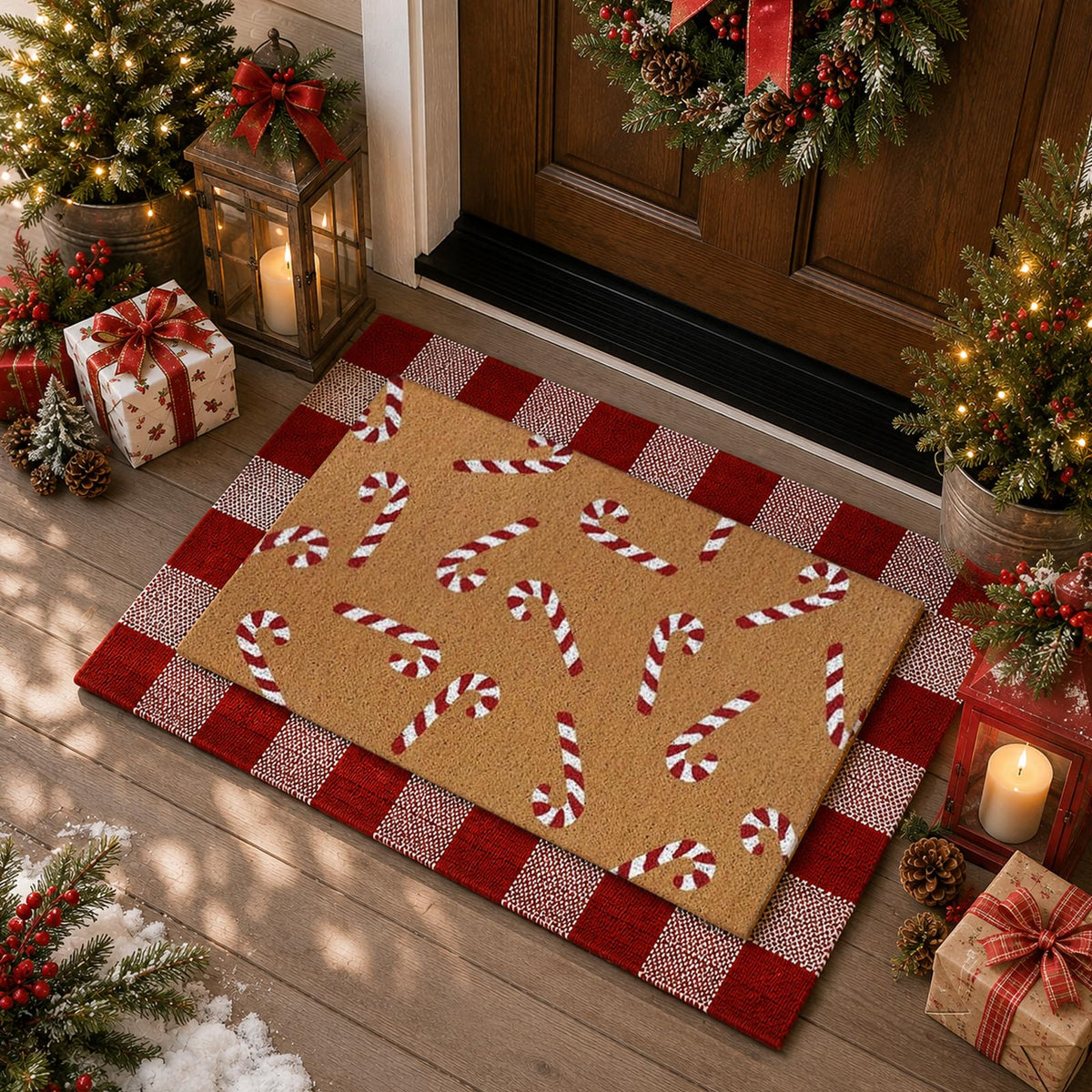 Drydiet Layered Doormat Set, Buffalo Plaid Candy Cane Design, Red and White
