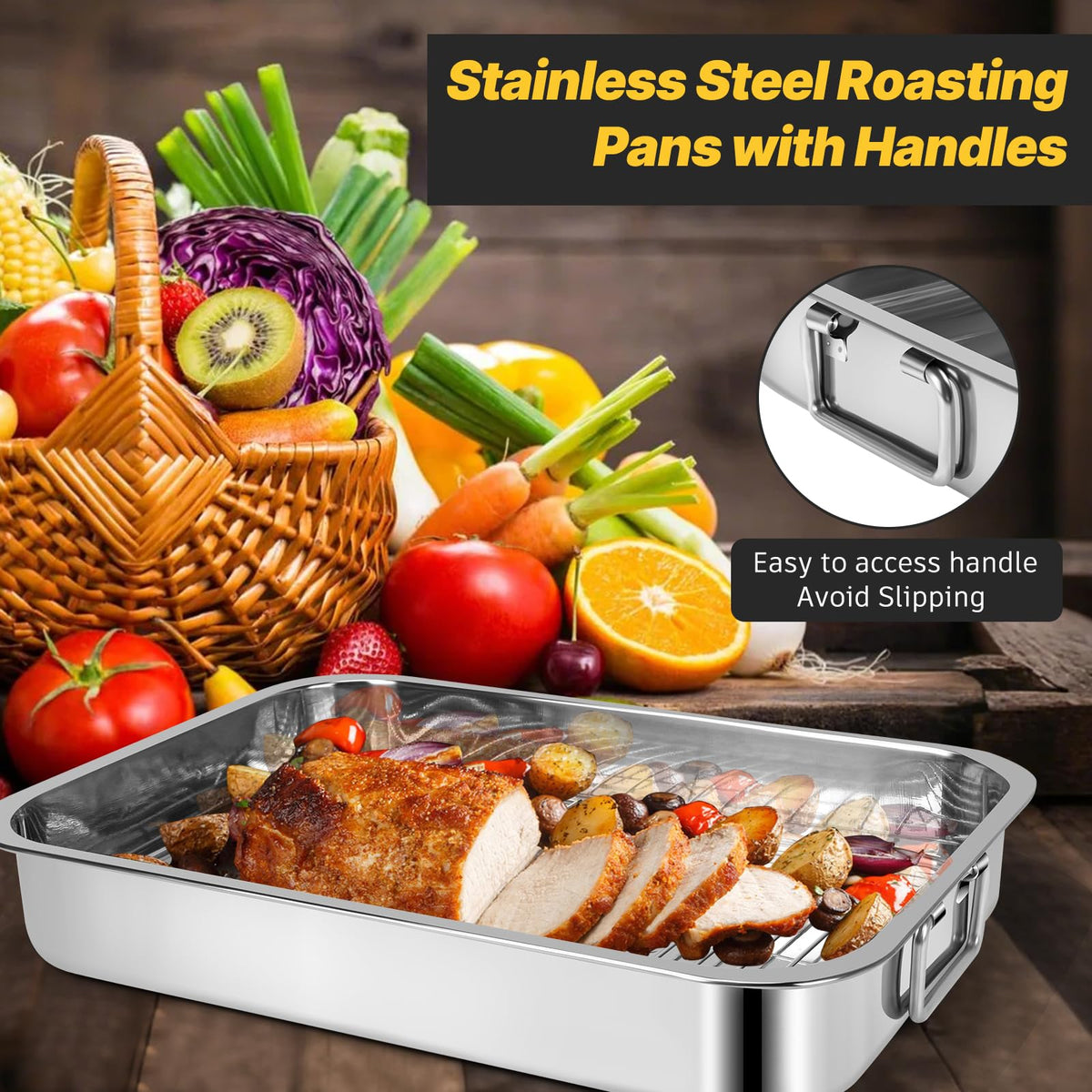 EsOfficce Stainless Steel Roasting Pan Set, 12.7 x 15.5 Inch, Silver with Racks