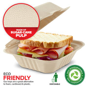 Clamshell Take Out Food Containers 6" x 6” (50 Pack) 1-Compartment by Stock Your Home – 6 x 6 Clamshell, 1 Part (50 Count), Bagasse, Natural, Pack of 50, Model 1250