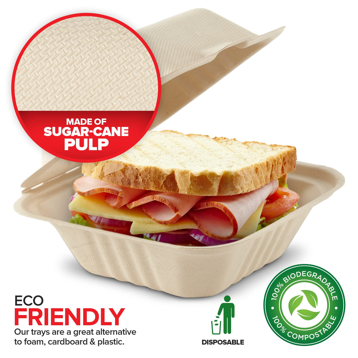Clamshell Take Out Food Containers 6" x 6” (50 Pack) 1-Compartment by Stock Your Home – 6 x 6 Clamshell, 1 Part (50 Count), Bagasse, Natural, Pack of 50, Model 1250
