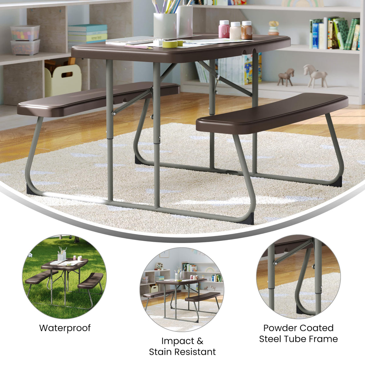 Kids Commercial Grade Plastic Folding Picnic Table by Flash Furniture – Set of 1, Plastic, Steel, Plastic: Polyethylene, Brown, Model RB-EBB-2432FD2-BR-GG