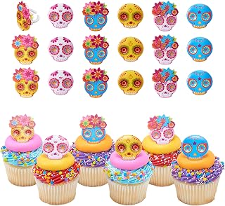 DecoPac Calavera Mask Cupcake Toppers, 24 Día de los Muertos Skull Mask Cupcake Rings For Celebrations & Parties - 24 Pack