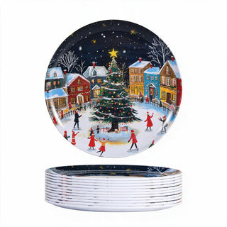 Molidiki Melamine Dinner Plates, 10.5 Inch Round, Snow House Christmas Set of 12