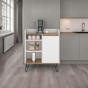 Coffee Tables for Living Room, Coffee Table, Mesa de Centro - Storage | Compact freestanding coffee station table with top counter, three open shelves, and one door cabinet.