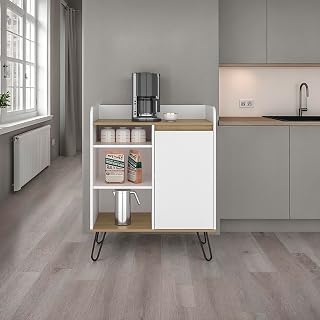 Coffee Tables for Living Room, Coffee Table, Mesa de Centro - Storage | Compact freestanding coffee station table with top counter, three open shelves, and one door cabinet.