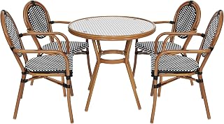 Flash Furniture 31.5" Glass Top Table and 4 Stack Chairs, Black/White | Commercial Grade, Indoor/Outdoor Use, PE Rattan, 4 Stack Chairs