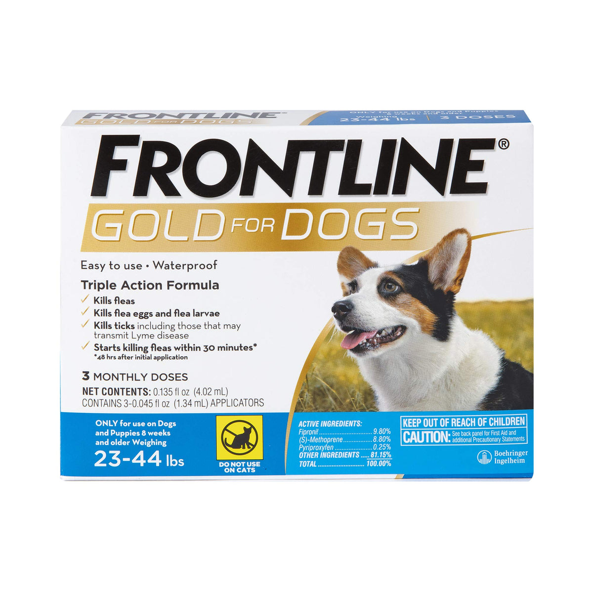Gold Flea & Tick Treatment for Medium Dogs Up to 23 to 44 lbs. by Frontline – 3 Count (Pack of 1), Blue Box, Pack of 3, Model 00872