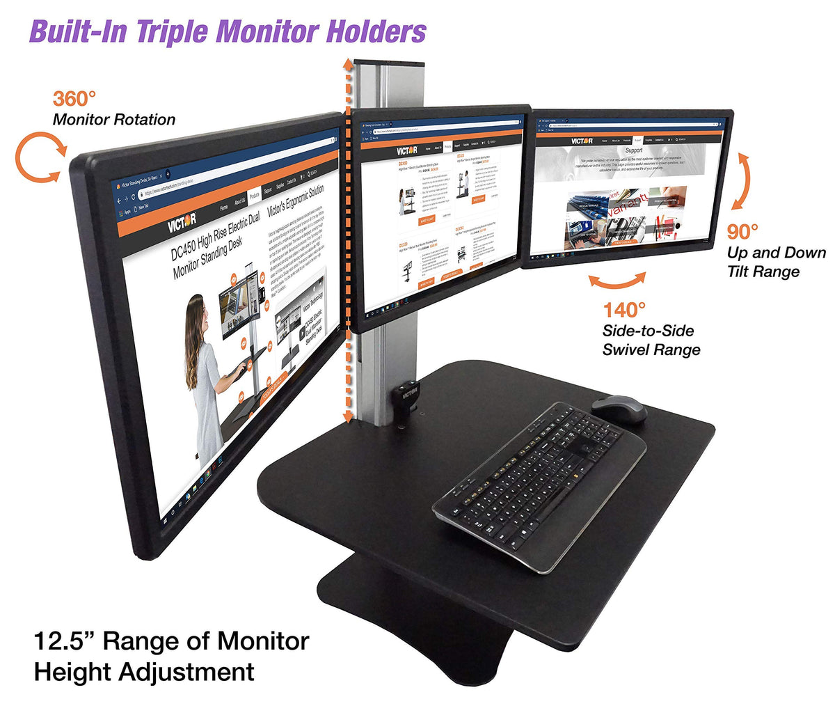 High Rise Electric Sit-Stand Standing Desk Converter by Victor – Triple Monitor, Wood, Black W/Aluminum, Model DC475