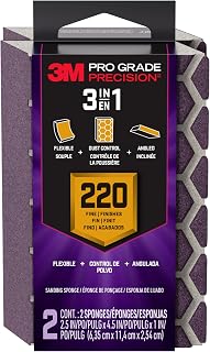 3M Pro Grade Precision 3-in-1 Sanding Sponge, 220 Grit Fine, 2 Sponges, Washable & Reusable, for Wood, Metal, Drywall, and Paint Prep – Flexible Foam, Contoured, Angled, Flat
