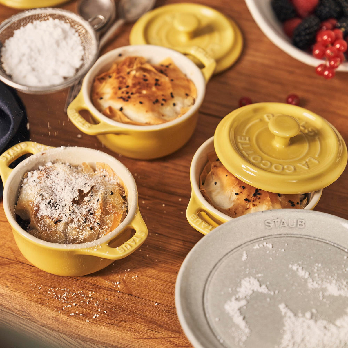 Ceramic 3-pc Mini Round Cocotte Set by STAUB – 3-pc, Cast Iron, Citron, Pack of 3, Model 1029591