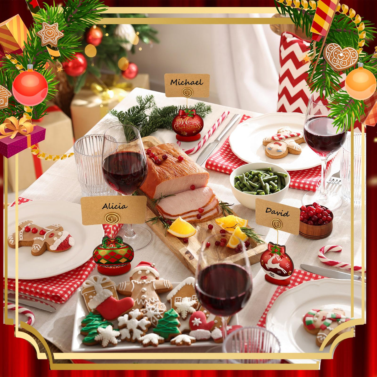 Yookeer Wood Place Card Holders, 24 Sets with Kraft Cards, Multicolor Christmas Designs