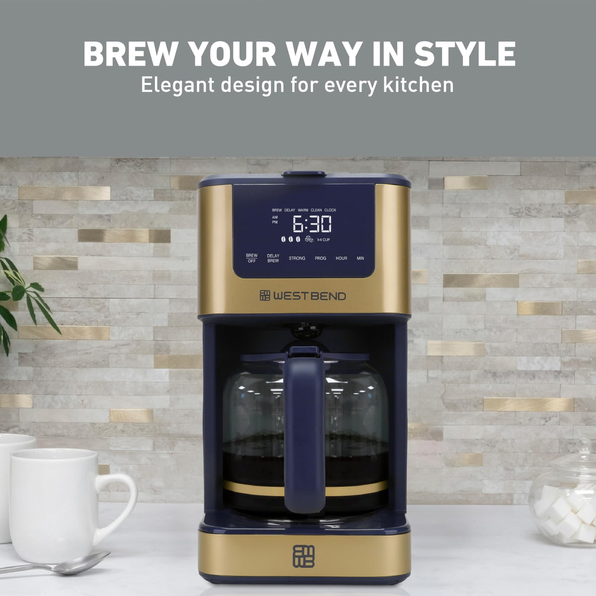 Timeless 12-Cup Programmable Coffee Maker with Brew Strength Selector for Hot and Iced Coffee by West Bend – 12 Cup, 12 cups, Blue/Gold, Model CMWB12SB13