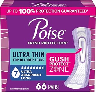 Poise Ultra Thin Incontinence & Postpartum Pads for Bladder Leaks, 7 Drop Ultra Absorbency, Long Length, 66 Count (3 Packs of 22), Packaging May Vary