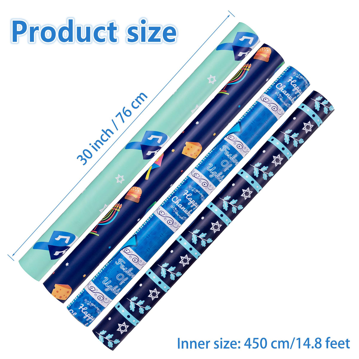 Cherubfunz Hanukkah Gift Wrap, 4 Rolls Totaling 148 Sq Ft, Menorah Dreidel Designs