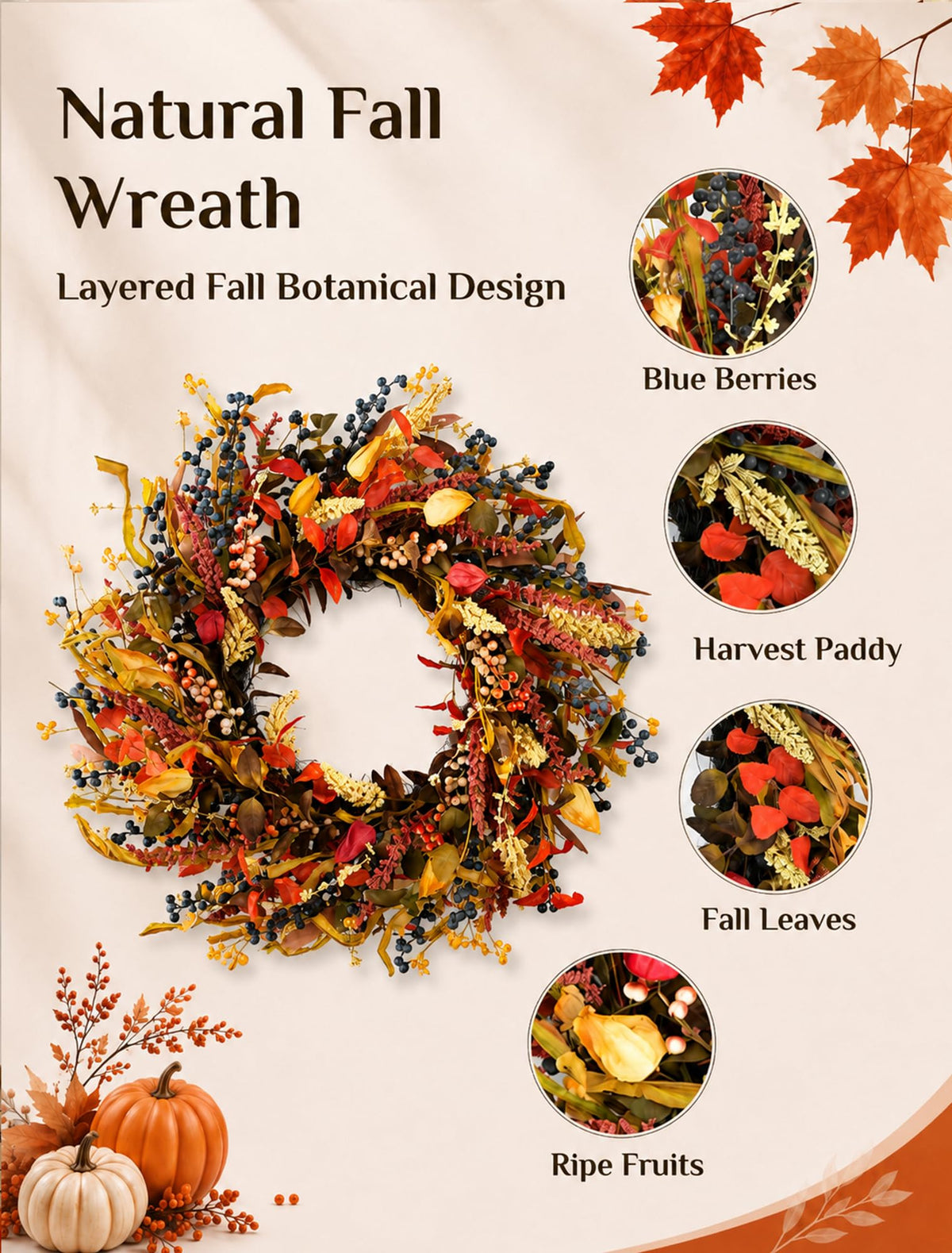 Walasis Fall Wreath, 26 Inch Diameter, Wheat and Berry