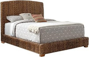 Furnifact Banana Leaf Panel Bed California King with Wood Legs, Rattan Headboard King Coastal Boho Bed Frame King, Amber