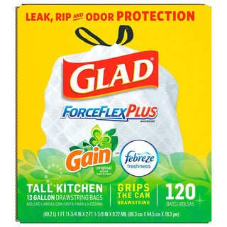 Glad Forceflexplus 13-Gallon Tall Kitchen Drawstring Trash Bags 120 Ct – 120 Count (Pack of 1), 13.0 gallons, Plastic, White, Model 43551-43683