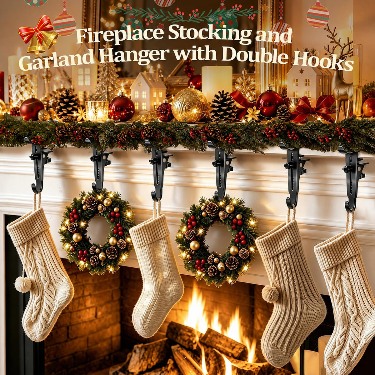RGJ Mantel Stocking Hangers, Dual Hook Metal, Black, Set of 6